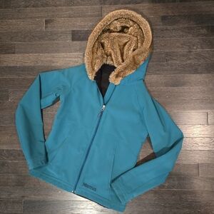 Marmot Soft Shell Full Zip Jacket with Brown Faux Fur Hood - Teal - SZ Small